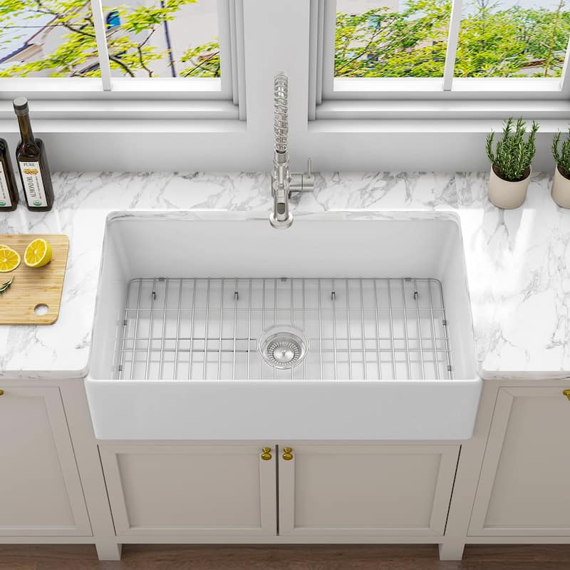 Sinber Farmhouse Apron Single Bowl Kitchen Sink with Fireclay White Finish