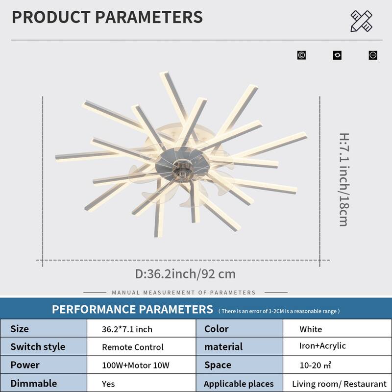 36'' Ceiling Fan with 3-Color LED Light, Reversible Motor, and 6-Speed Settings