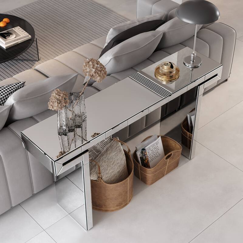 Roomfitters 60" Luxury Mirrored Console Table, Fluted Tempered Glass Entryway Table with Silver Finish & Scratched Resistance