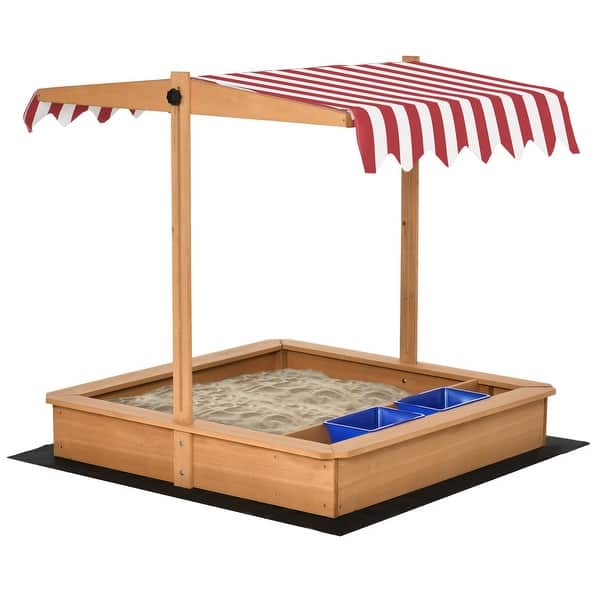 slide 2 of 5, Kids Wooden Sandbox, Children Sand Play Station Outdoor, with Adjustable Height Cover WOOD