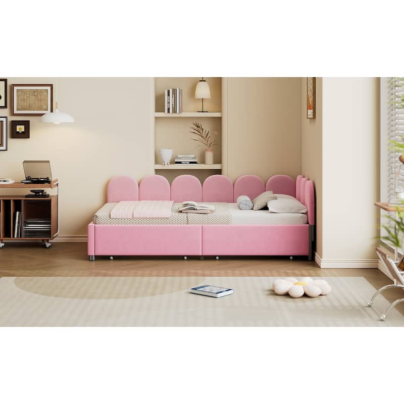 Twin Size Velvet Upholstered Daybed with 2 Drawers and Soft Fabric Headboard for Bedroom