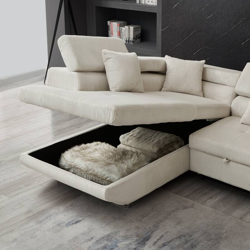 104.3" Pull Out Corduroy Sofa Bed with Storage Chaise