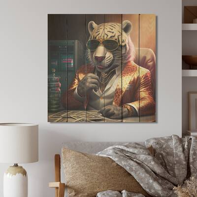 Designart 'Stylish Tiger Gambling II' Animals Tiger Wood Wall Art - Natural Pine Wood