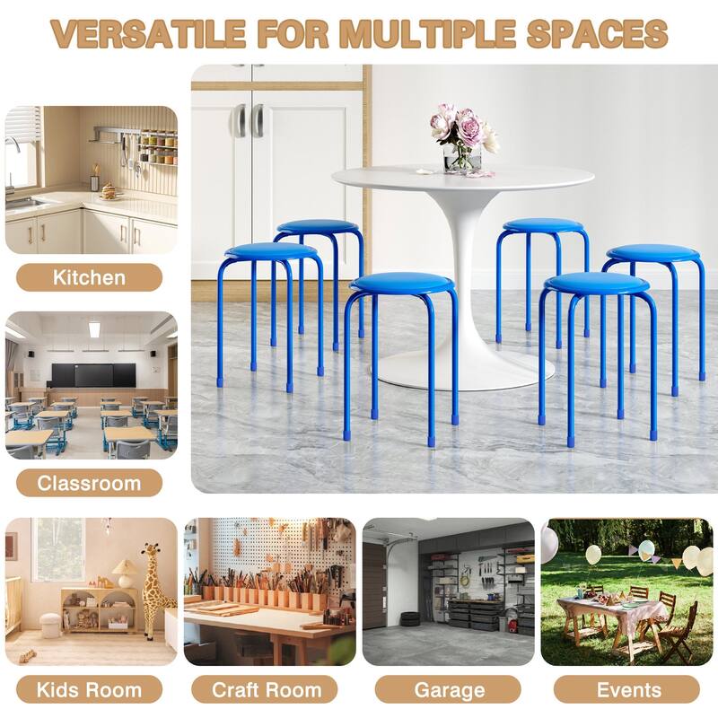 Javlergo Set of 6 Stackable Backless Stools PVC Padded Round Seats with Metal Frame Indoor Outdoor Use for Kitchen Livingroom