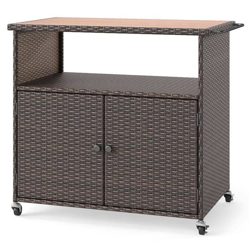 Gymax Outdoor Storage Cabinet w/Acacia Wood Top 2 Doors Buffet Cabinet
