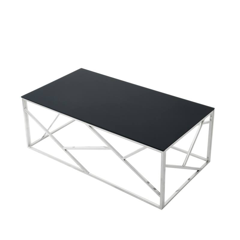 Modern Rectangular Coffee Accent Table with Black Tempered Glass Top and Stainless Steel Frame for Living Room Bedroom