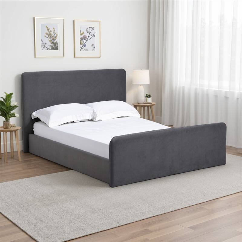 Cave Full Size Platform Bed Soft Velvet Upholstered Charcoal Gray