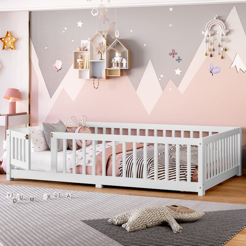 Full Size Bed Floor Bed with Safety Guardrails and Door for Kids