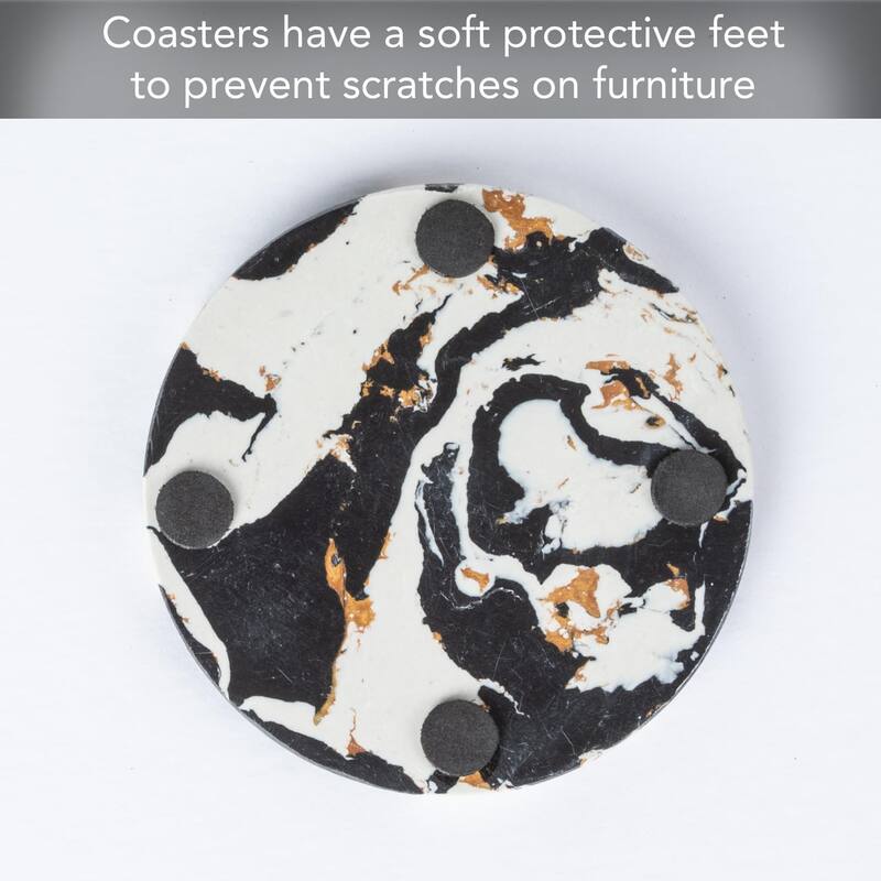 4 Pack Black & Gold Round Resin Coasters 4.75" Round Heat Tolerant Protects Surfaces Easily Wipes Clean