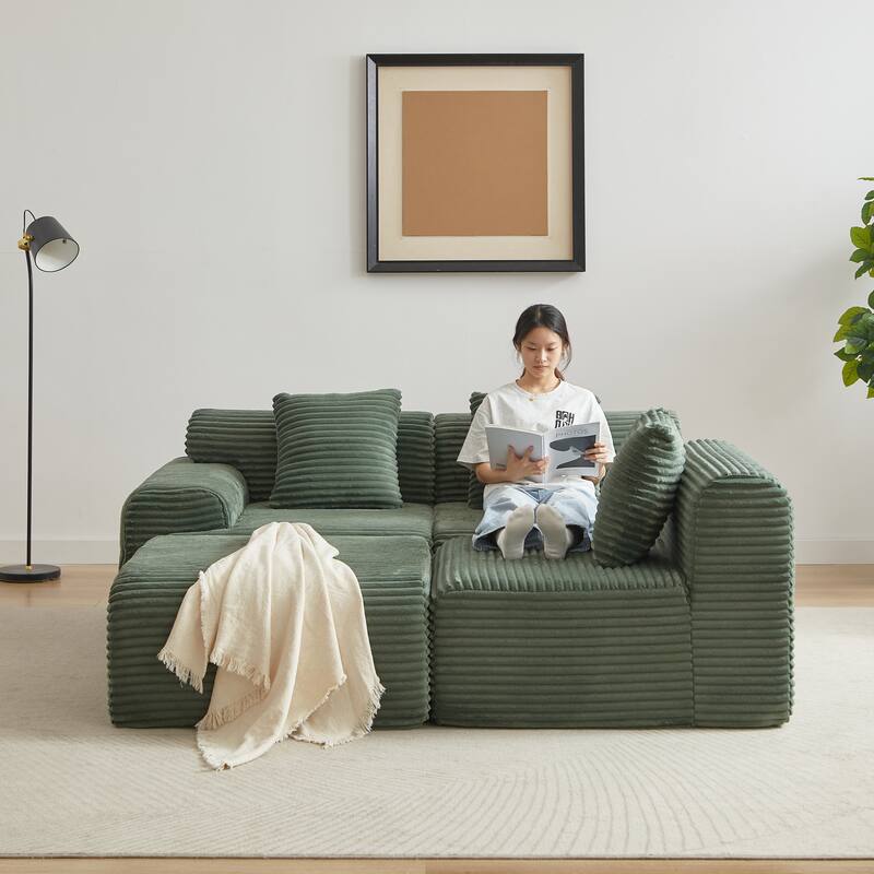 Inlaid Structural Sleeper Sectional Sofa Bed with Ottoman, Corduroy Modular Boneless Couch with Wider Armrests and Backrests