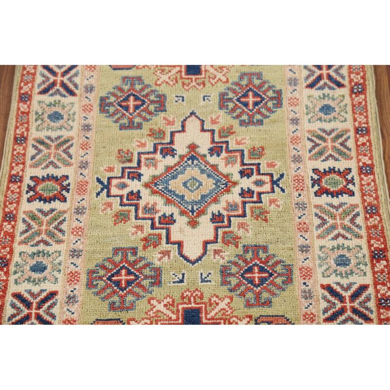 Pistachio Green Geometric Kazak Oriental Rug Hand-Knotted Wool Carpet - 2'1"x 2'10"