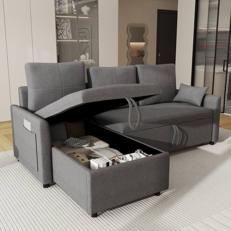 L-Shaped Reversible Sectional Sleeper Sofa with Storage Chaise & Pull-Out Bed