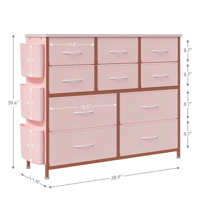 10 Drawer Dresser, Storage Organizer Unit with Fabric, Pink