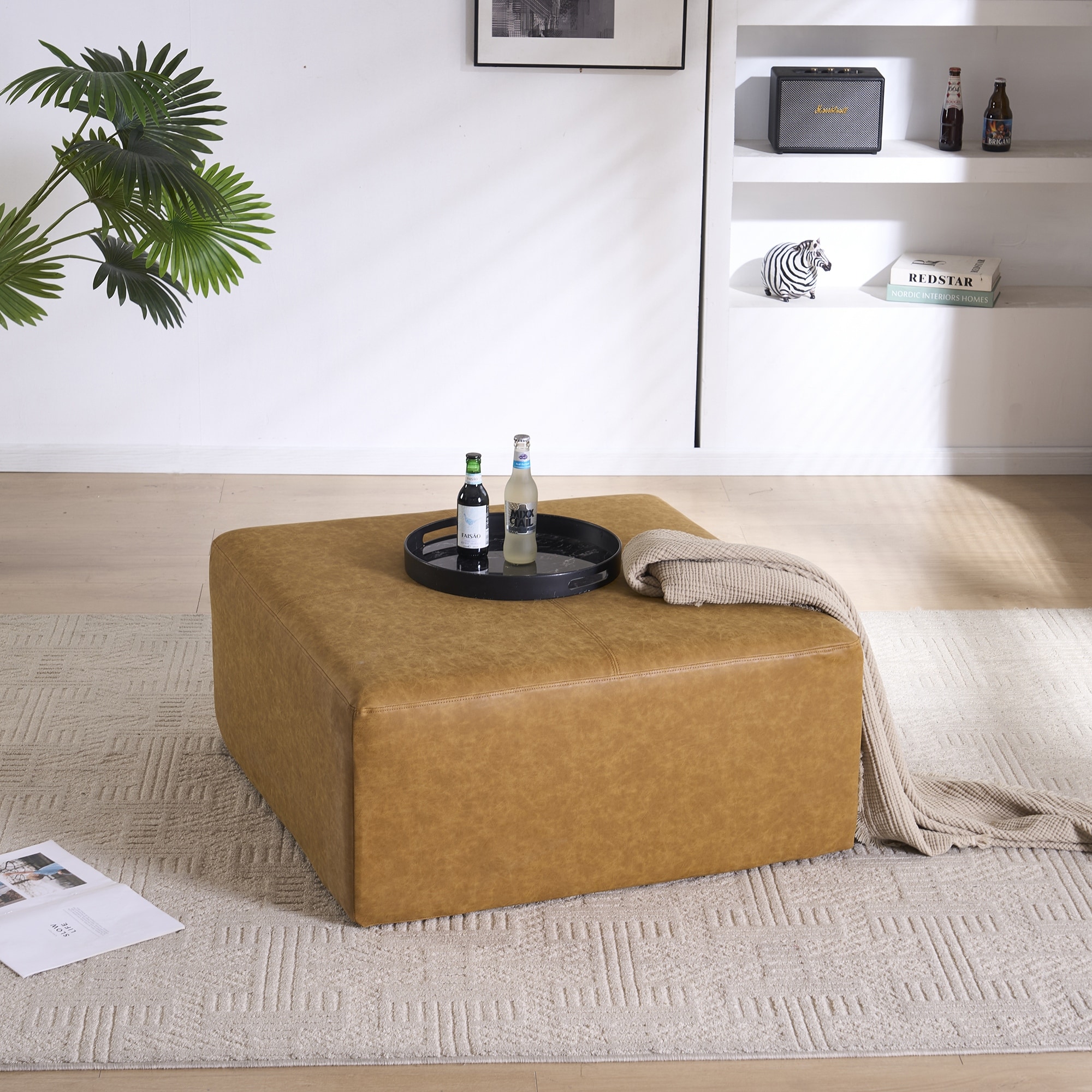 Oversized Square Ottoman Coffee Table, Faux Leather Couch Ottoman Large Footstool for Living Room