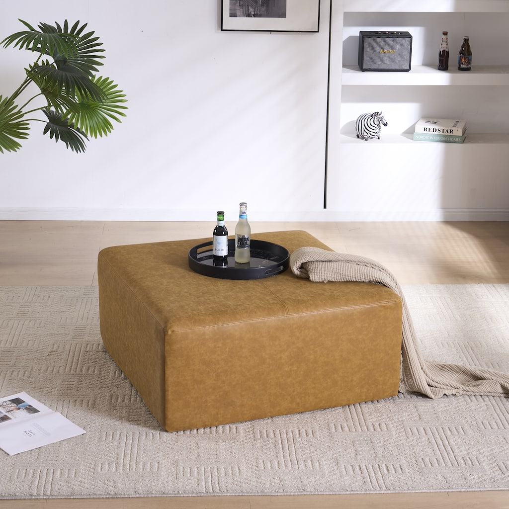 Oversized Square Ottoman Coffee Table, Faux Leather Couch Ottoman Large Footstool for Living Room