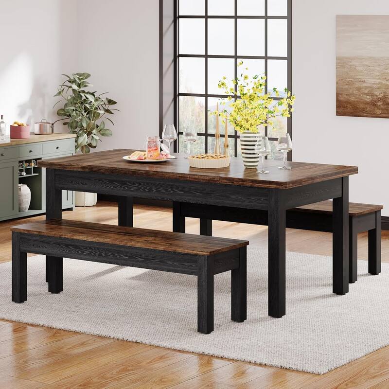 55-Inch Farmhouse Kitchen Table Set, Wood Dining Table with 2 Benches