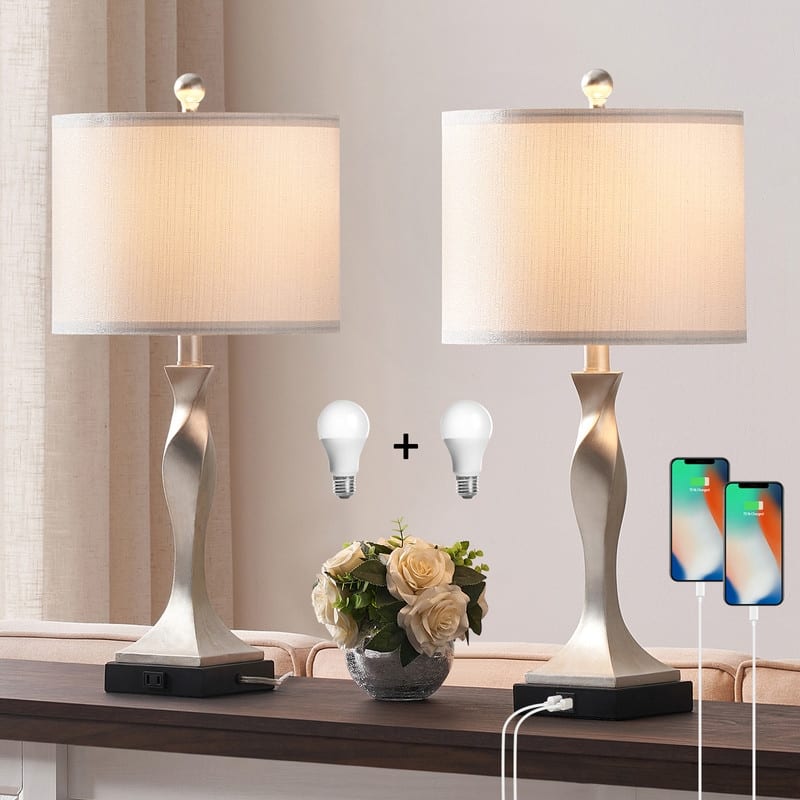 KAWOTI 25.62" Table Lamp Set with USB Ports Bulbs Set of 2
