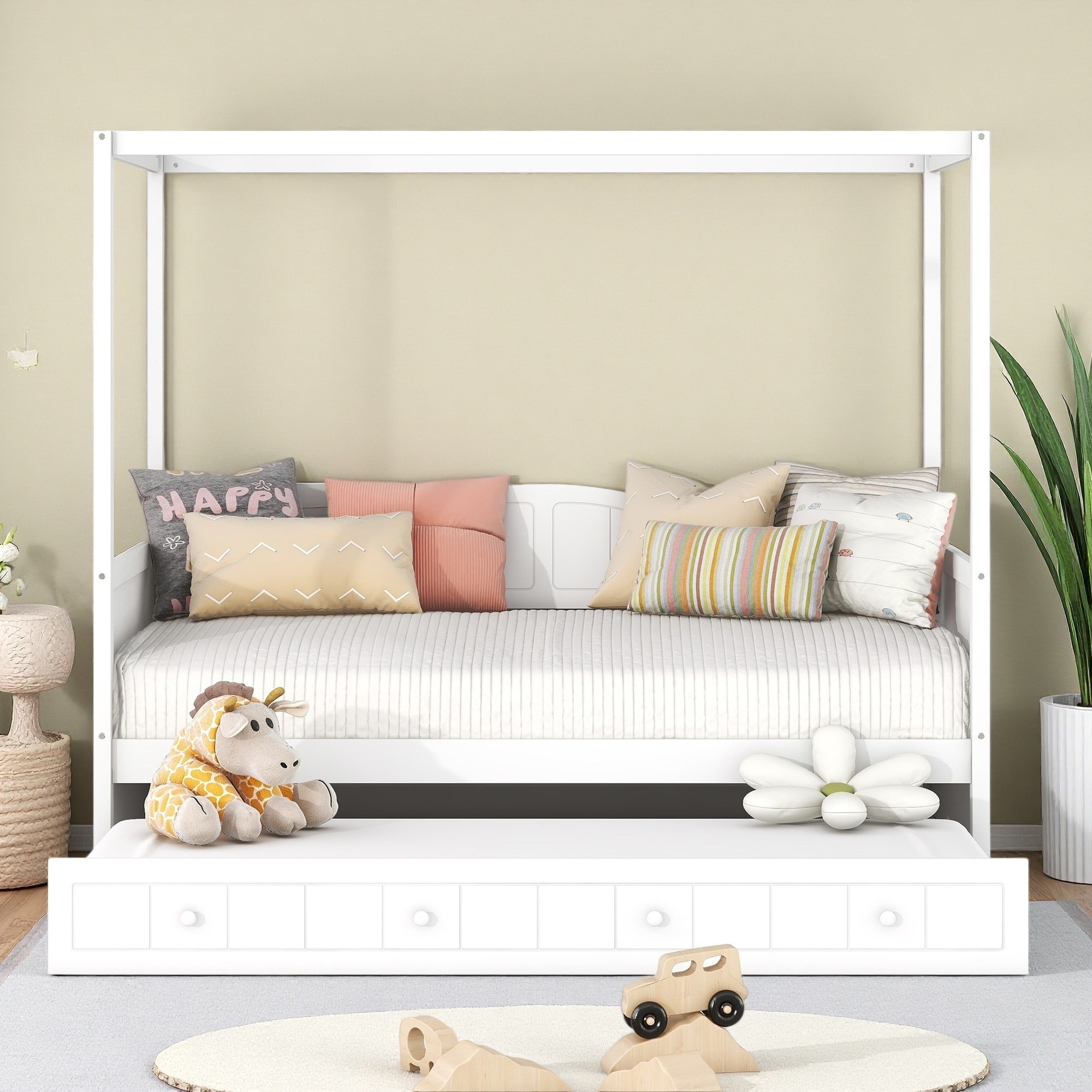 Twin Size Wood Canopy Daybed with Twin Trundle