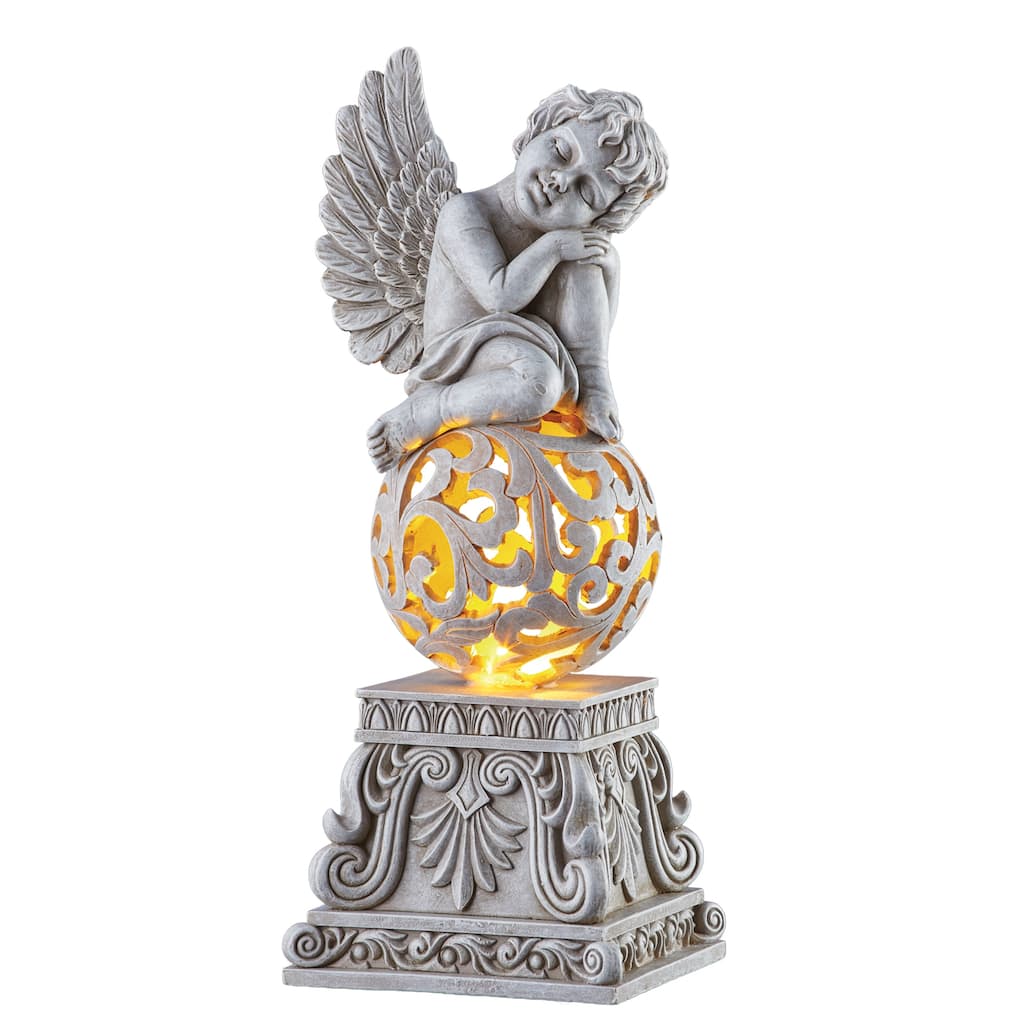 Enchanting Leaning Cherub on Solar Powered Balled Garden Statue - 5 x 10.5 x 4.37