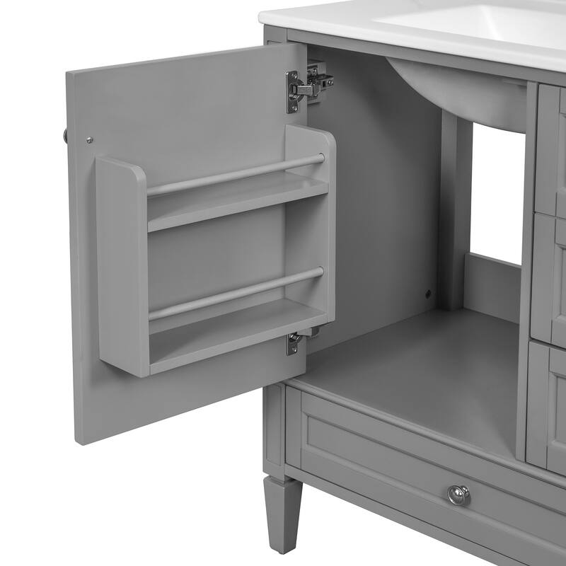 Bathroom Vanity with Ceramic Sink, Bathroom Cabinet with Soft Closing Doors, Vanity Set with 2-Tier Storage Rack and 3 Drawers