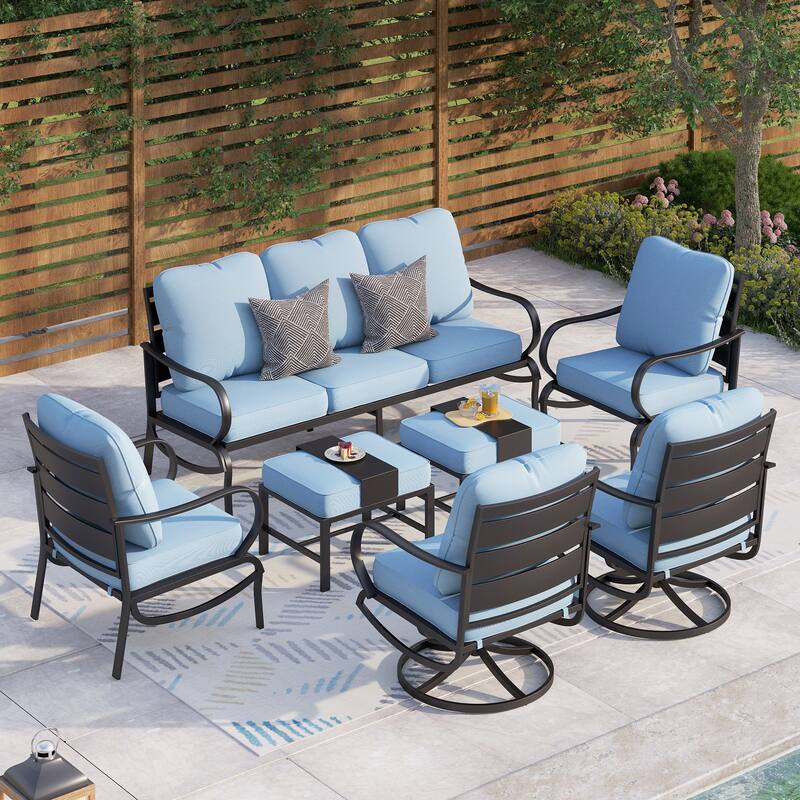 MAISON ARTS 9-Seat Patio Conversation Set, Sofa Set 7-Piece with 4 x Single Sofa Chairs, 1 x 3-seater Sofa and 2 x Ottomans - Set 2 - Baby Blue