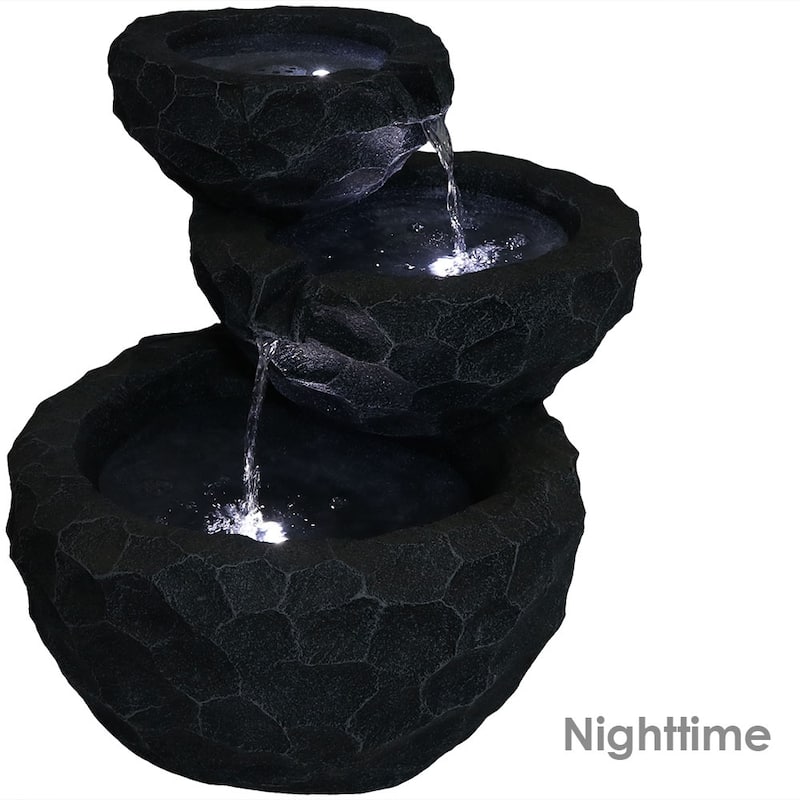 3-Tier Chiseled Basin Solar Outdoor Water Fountain with Battery - 17"