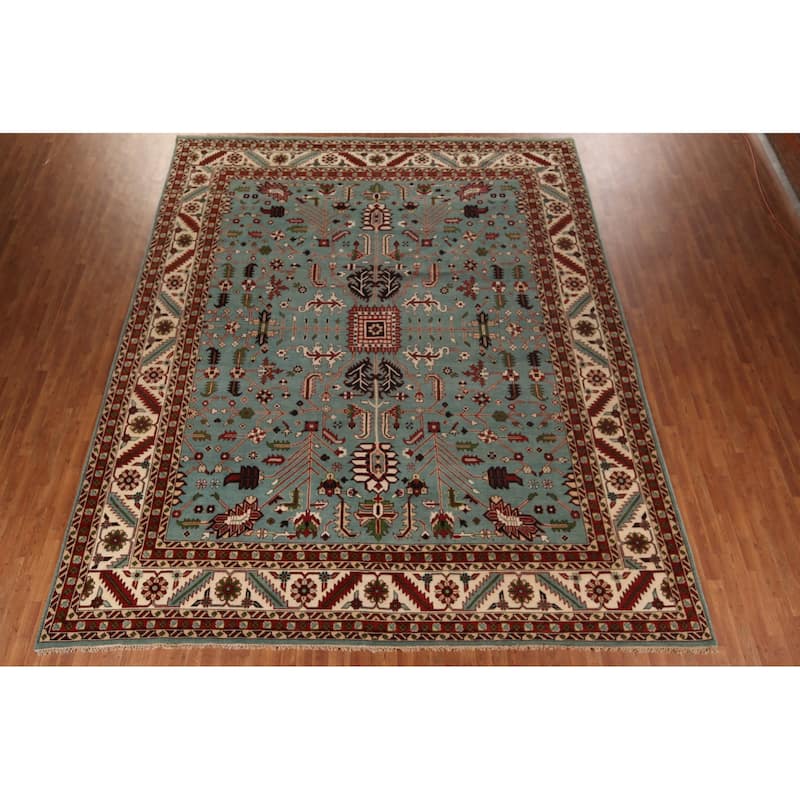 Light Blue & Ivory Oushak Indian Large Rug Hand-Knotted Wool Carpet - 11'11"x 14'3"