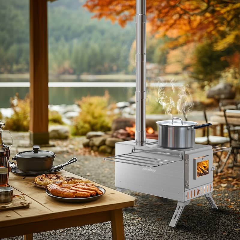 Large Camping Wood Stove, Portable Stainless Steel Hot Tent Stove with 7 chimney pipes