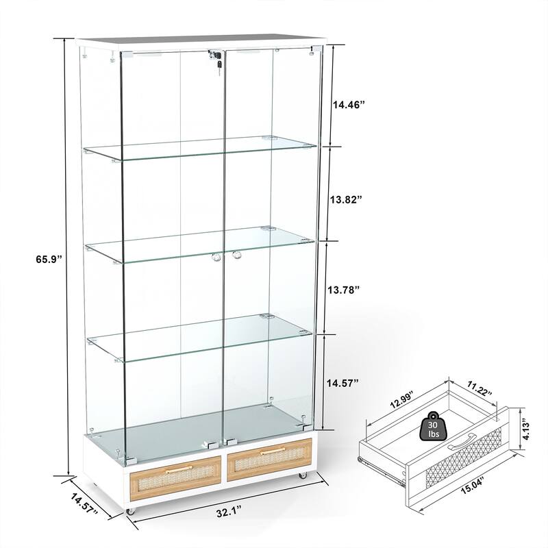 65.9" Modern Glass Display Cabinet with LED Lights, 2 Large Drawers & 4 Shelves, Lockable Storage Case