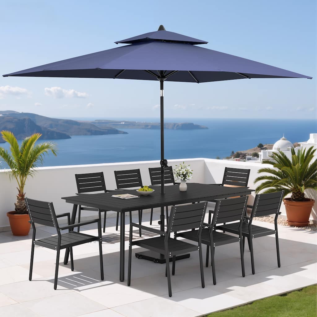 11PC Outdoor Patio Dining Set Aluminum Table with Stackable Armchairs w/ Premium Market Umbrella Sets