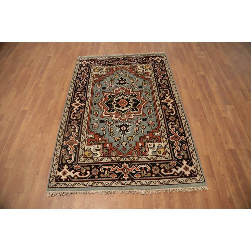 Hand Knotted Oriental 100% Wool Carpet Traditional Medallion Greys & Charcoal Heriz (serapi) Area Rug - 5' 9'' X 4' 0''