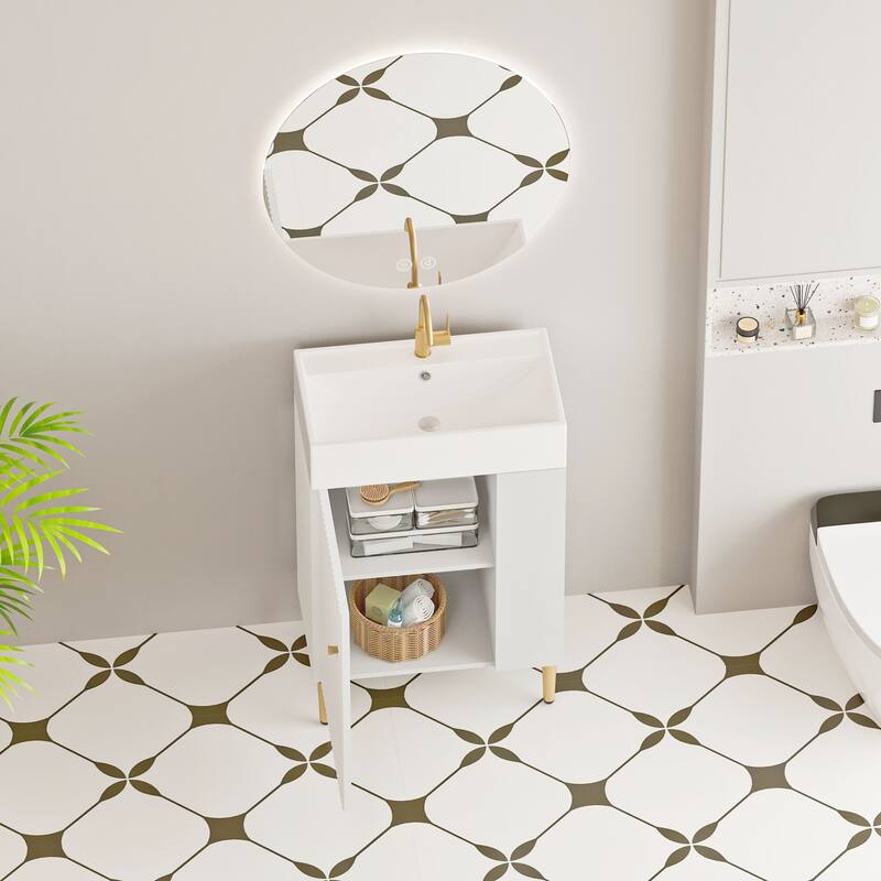 Compact White Bathroom Vanity with Ceramic Sink, Soft-Closing Cabinet, and Brushed Copper Accents for Small Spaces