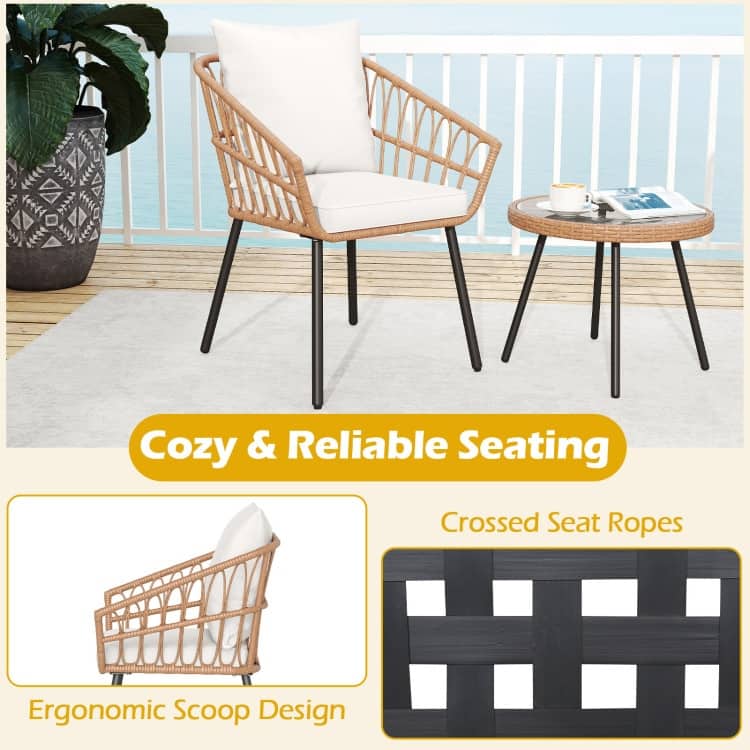 3 Piece Brown PE Rattan Patio Bistro Set with Beige Cushions asnd Glass Table - Chair: 24.5” × 23” × 31” (L × W × H)