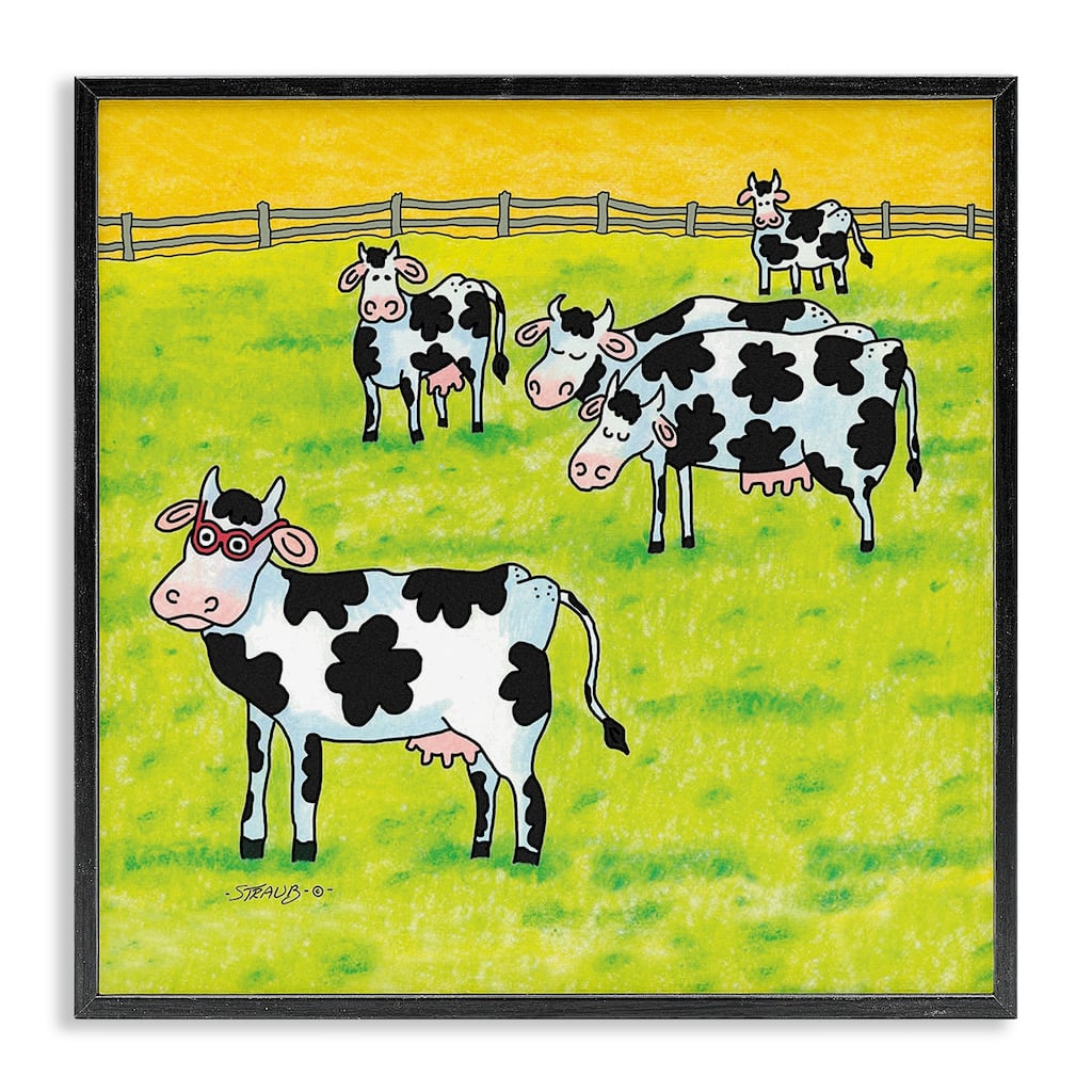 Stupell Funny Cow Herd with Specs Framed Giclee Art Design By Roger Straub