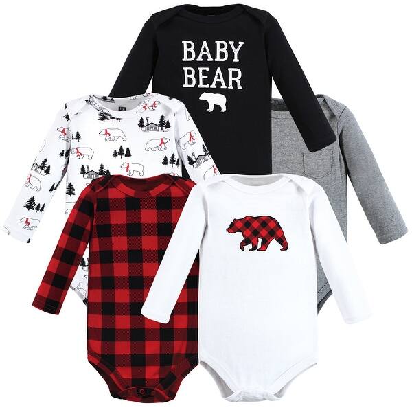 slide 1 of 1, Hudson Baby Infant Boy Cotton Long-Sleeve Bodysuits, Buffalo Plaid Bear 5-Pack 0-3 Months - Buffalo Plaid Bear 5-Pack