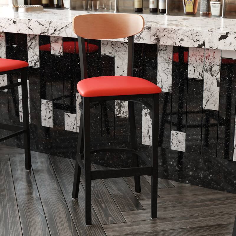 Commercial Metal Barstool with Wood Seat and Boomerang Back