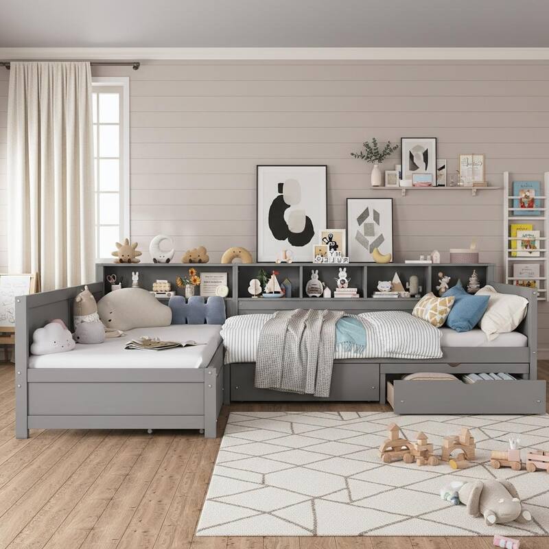 L-Shape Twin Size Day Bed for 2 with Storage Drawers and Bookshelf by Harper&Bright Designs