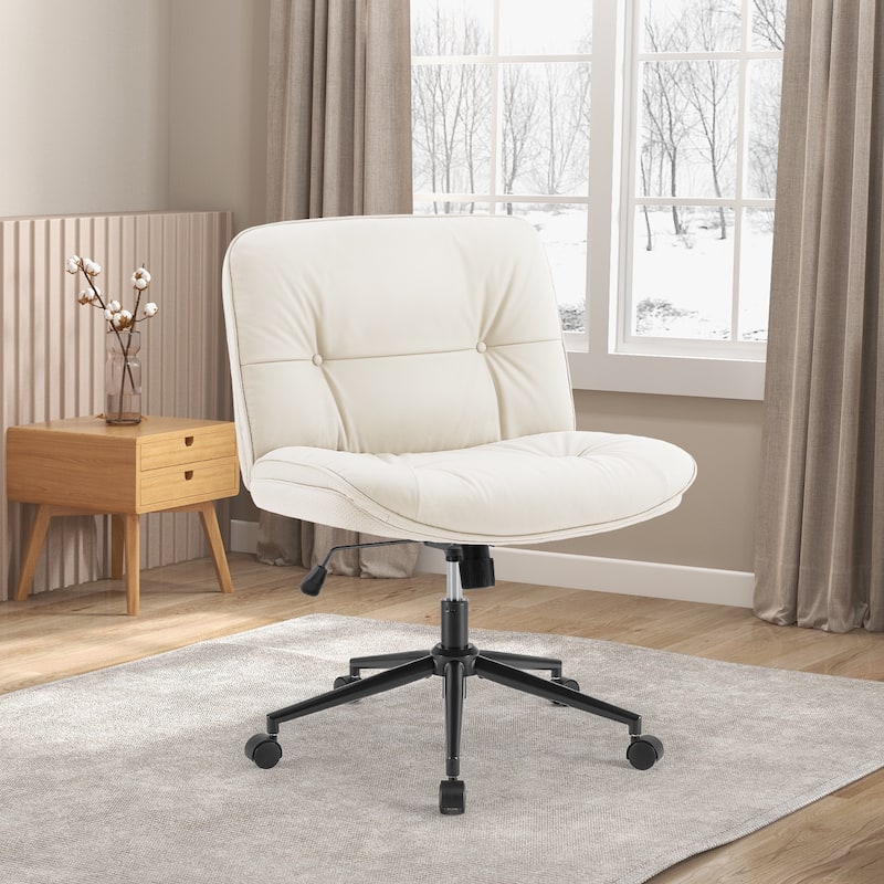 Armless Office Desk PU Leather Wide Seat with Wheels - Beige