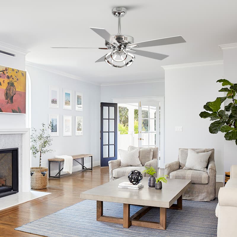52" Modern Chrome/ Black Indoor Dimmable LED Ceiling Fan with Light and Remote