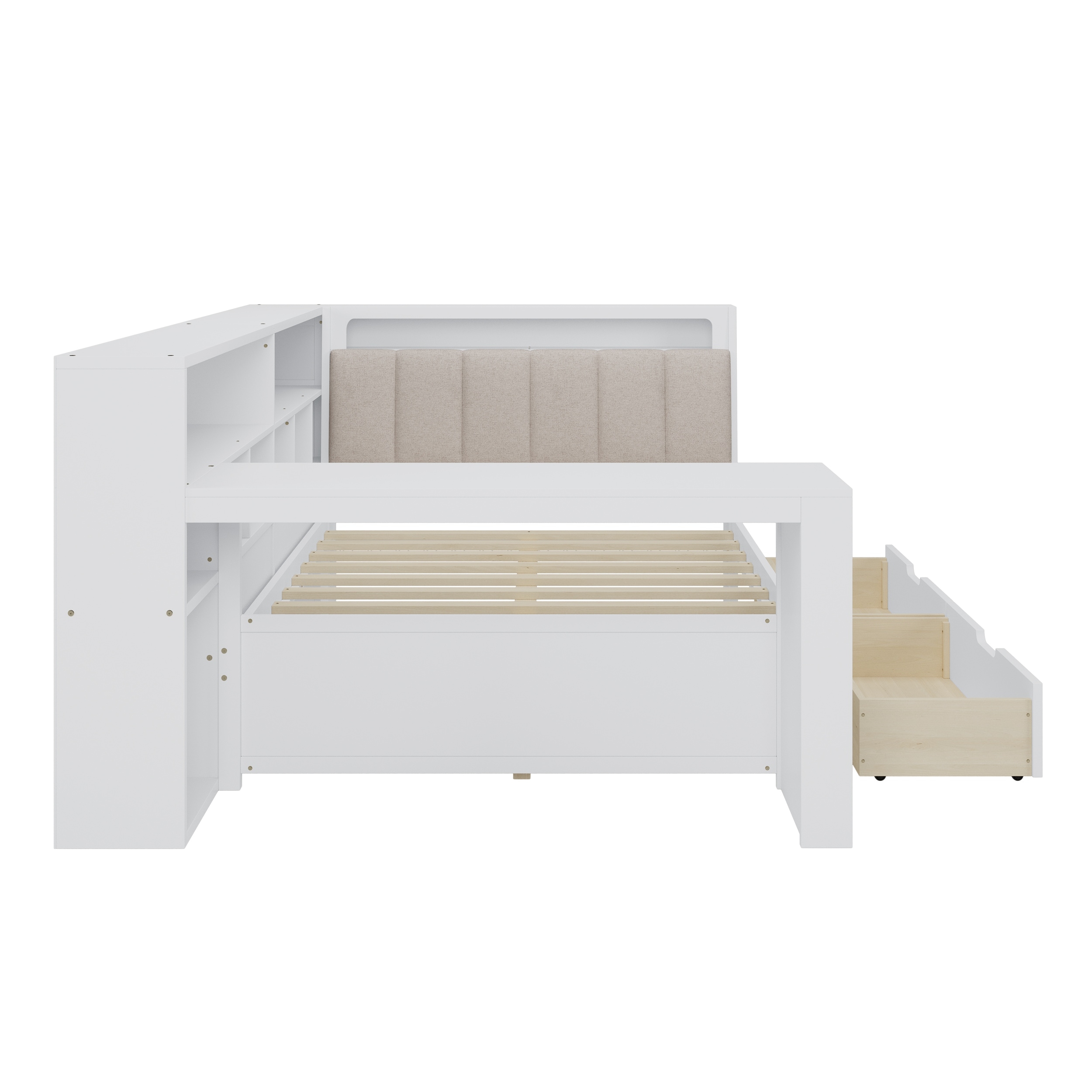 L-shaped Wooden Daybed with Desk and Bookcase, Corner Captains Bed with Upholstered Headboard, Underbed Drawers, LED Light