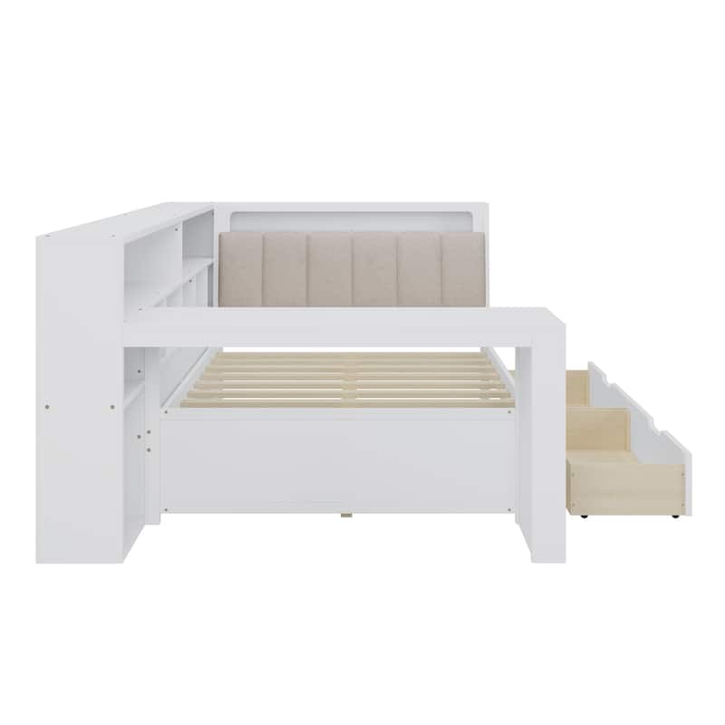 Wood Daybed L-shaped Bookcase Bed with Under-Bed Drawers and Side Bookshelf, Platform Daybed with Desk and Padded Headboard