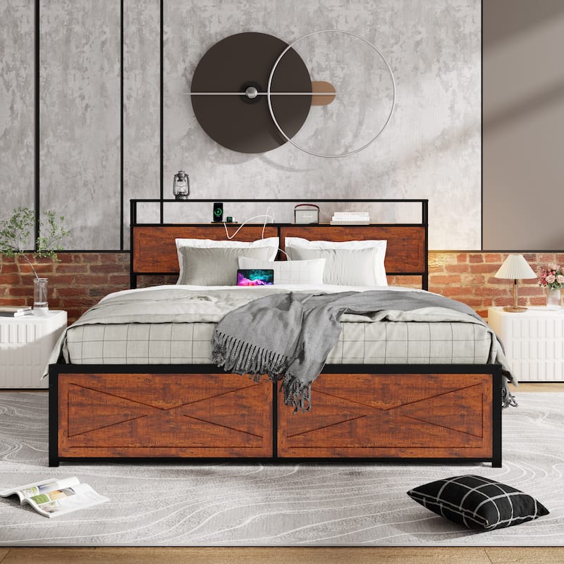 Metal Platform Bed Frame with Storage Headboard, 12 Drawers, RGB LED Lights, Built-in Charging Station, Noise-Free Design