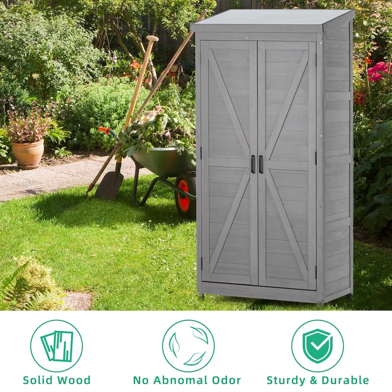 Outdoor Storage Cabinet with Magnetic Door, Garden Storage Shed with Rust-proof and Waterproof Metal Top, Wood Tall Shed