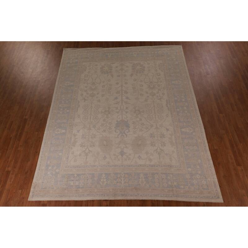 Vegetable Dye Oushak Turkish Area Rug Hand-Knotted Beige Wool Carpet - 9'1" x 11'5"