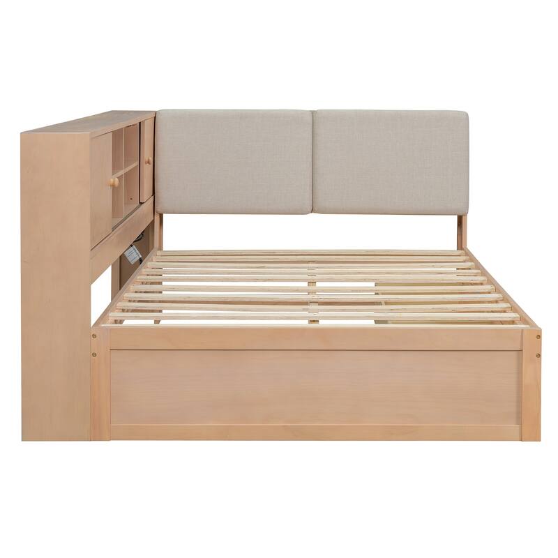 L-Shaped Daybed with Bookcase & USB Charging Port, Wood Floor Corner Bed Frame with Storage Drawers & Upholstered Headboard