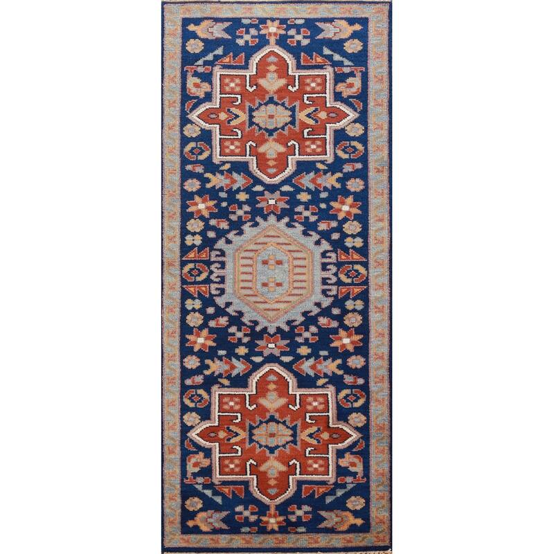 Hand Knotted Oriental 100% Wool Carpet Traditional Geometric Navy Blue & Blues Kazak Runner Rug - 7' 9'' X 2' 7''