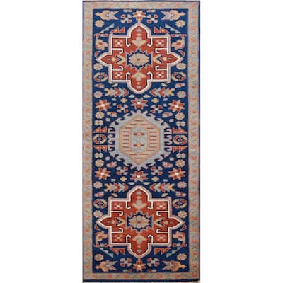 Hand Knotted Oriental 100% Wool Carpet Traditional Geometric Navy Blue & Blues Kazak Runner Rug - 7' 9'' X 2' 7''