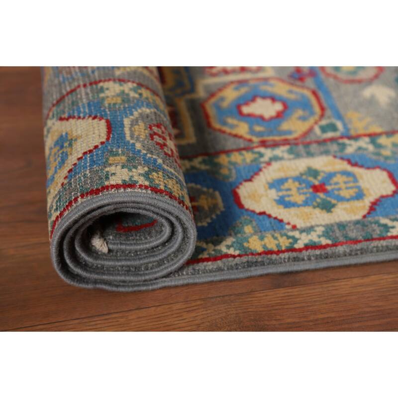 Blue Kazak Foyer Rug Handmade Geometric Wool Carpet - 2'7"x 4'1"
