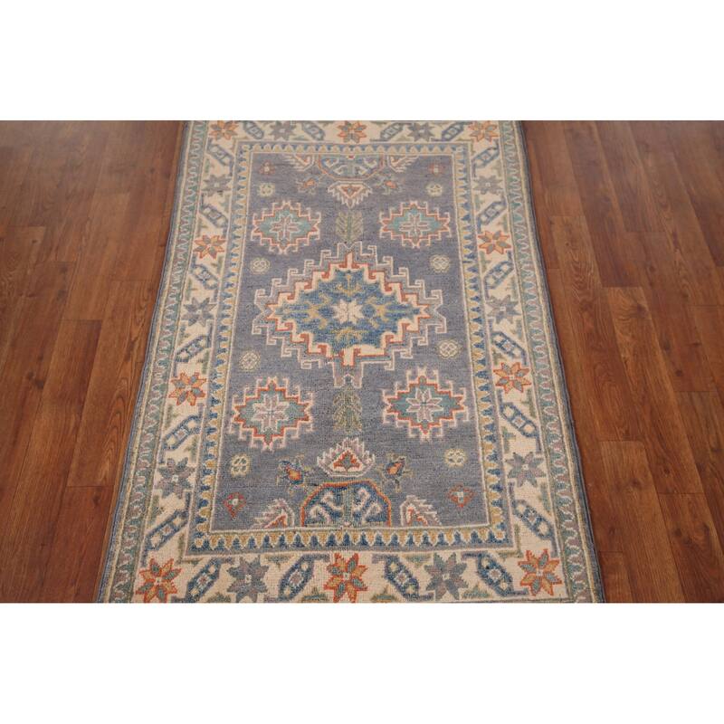 Gray Geometric Kazak Accent Rug Hand-Knotted Foyer Wool Carpet - 2'8" x 4'1"