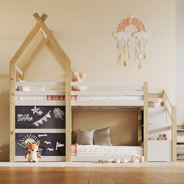 Twin Over Twin House Bunk Bed with White Storage Staircase and 2 Blackboards White Natural
